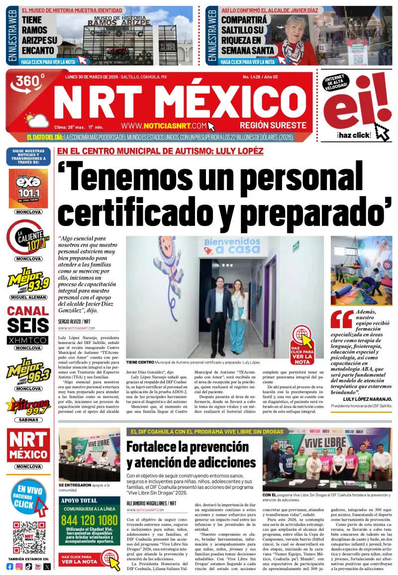 Portada de Saltillo de NRT México del 30 de marzo de 2026