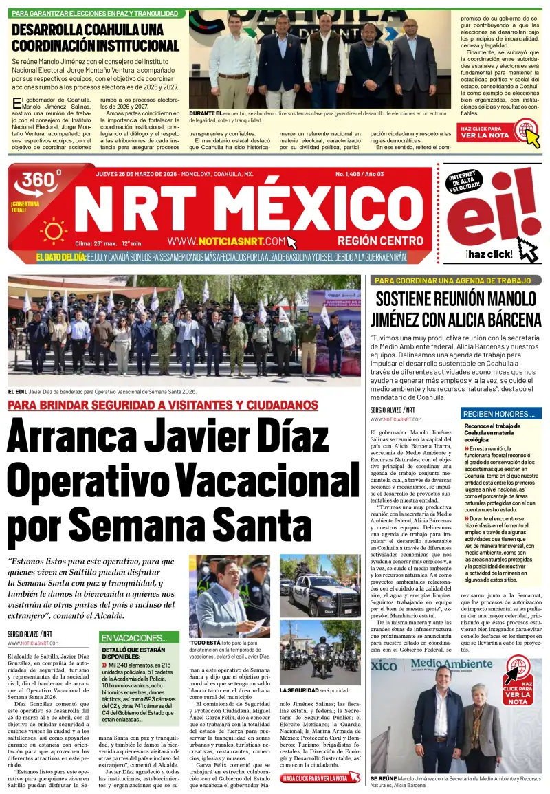 Portada de Saltillo de NRT México de este jueves 26 de marzo de 2026.
