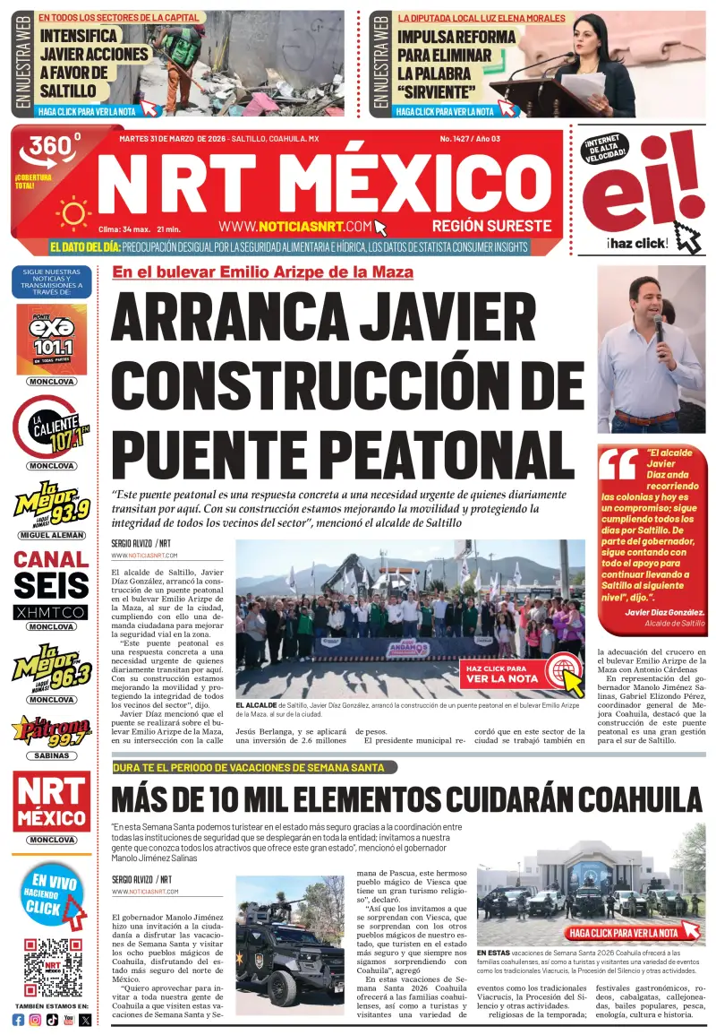 Portada de Saltillo de NRT México del martes 31 de marzo de 2026.