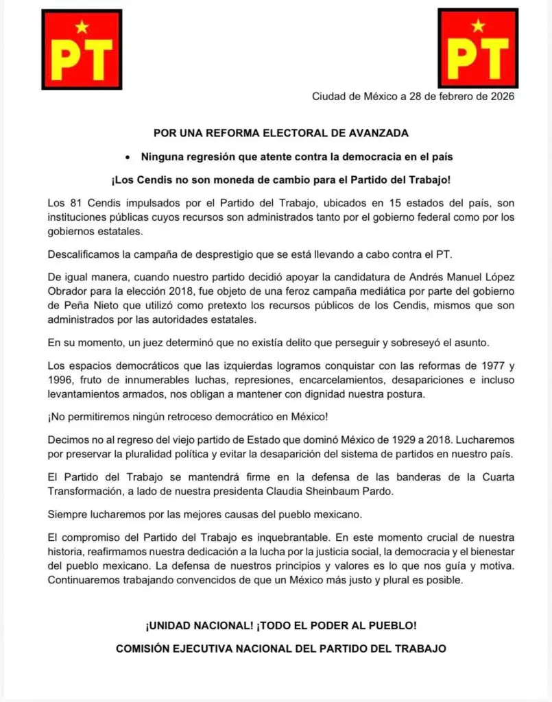 Rompe PT con Morena por reforma electoral