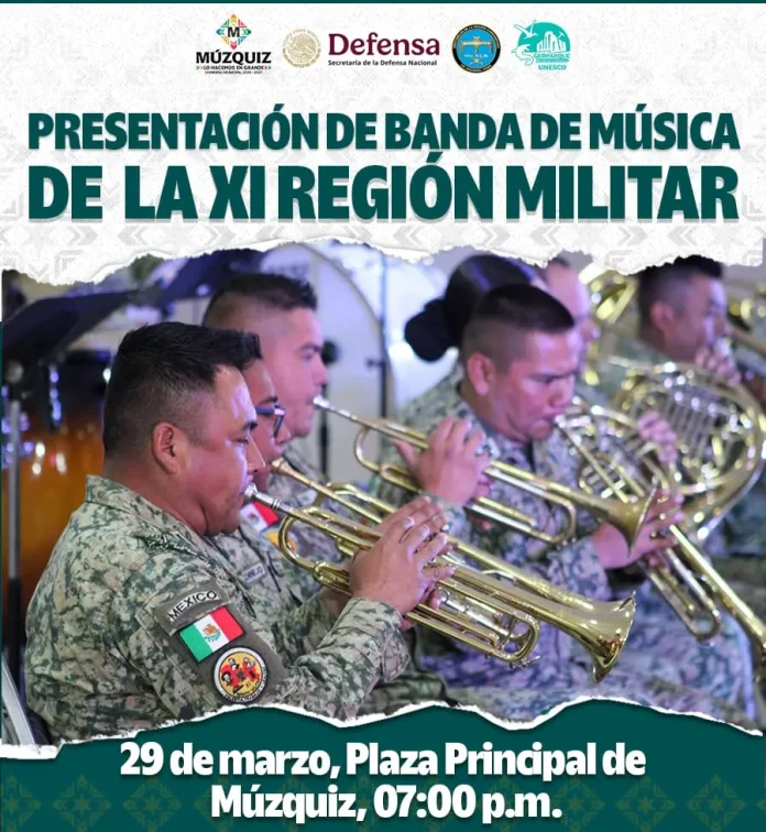 Invitan a la presentación de la Banda de Música de la XI Región Militar en la plaza principal de Múzquiz este 29 de marzo.