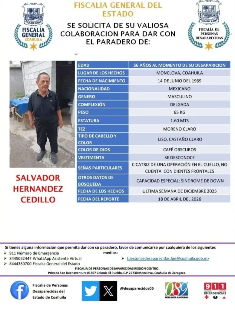 Buscan a Chavita desaparecido desde diciembre en Monclova; era conocido en el Centro