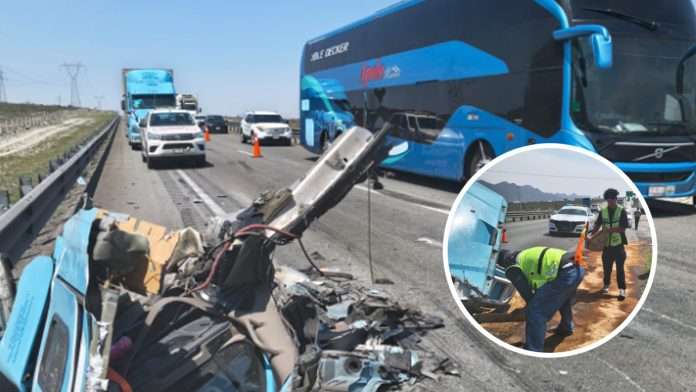 Fuerte choque en la Saltillo-Monterrey: Colisionan tres tráileres y colapsan la vialidad