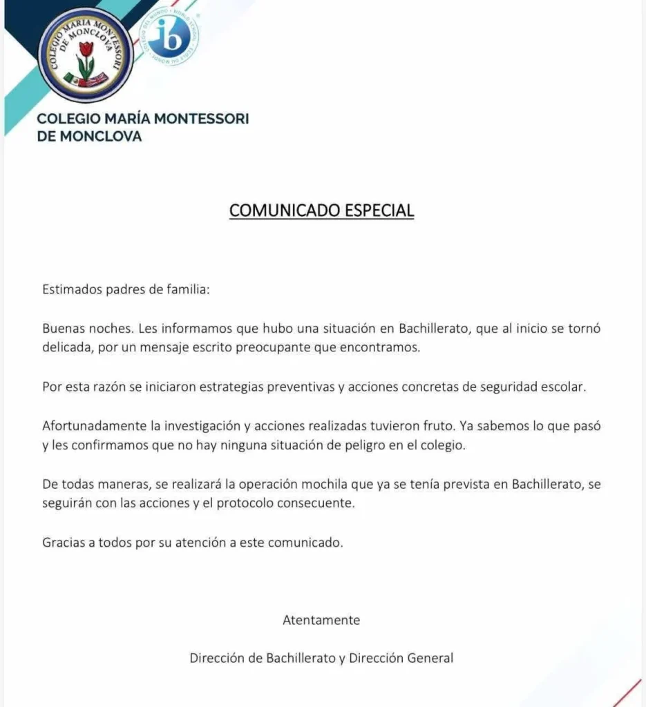 Mensaje alarmante activa protocolo de seguridad en colegio de Monclova
