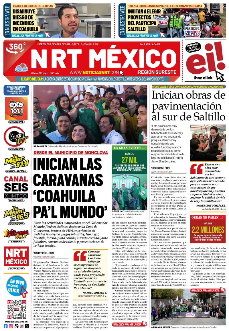 Portada NRT México de Saltillo del miércoles 08 de abril de 2026.