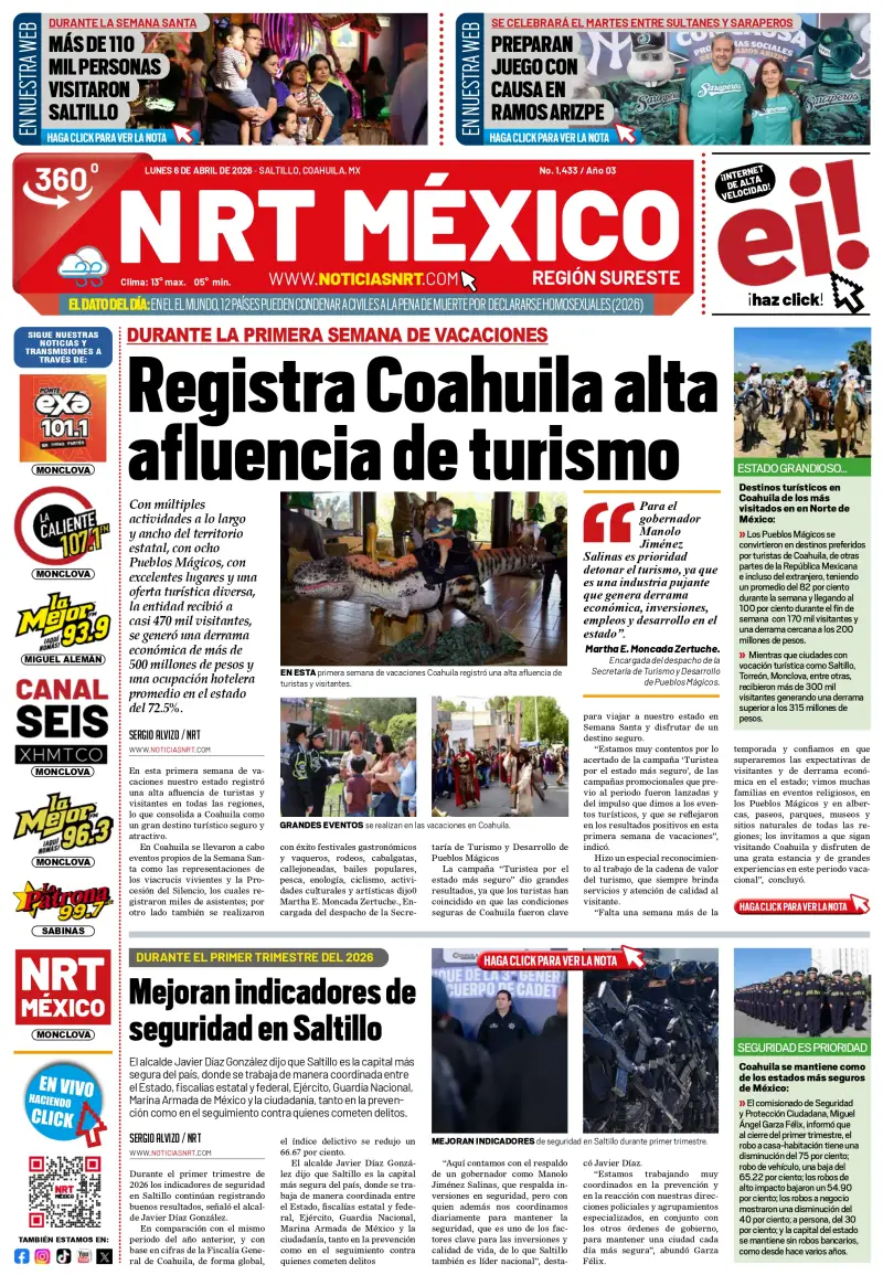 Portada de Saltillo de NRT México del lunes 06 de abril de 2026.
