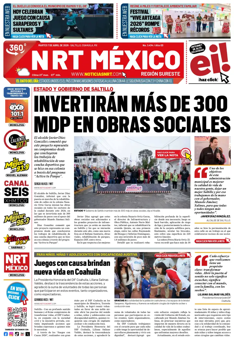 Portada de Saltillo de NRT México del 07 de abril de 2026.