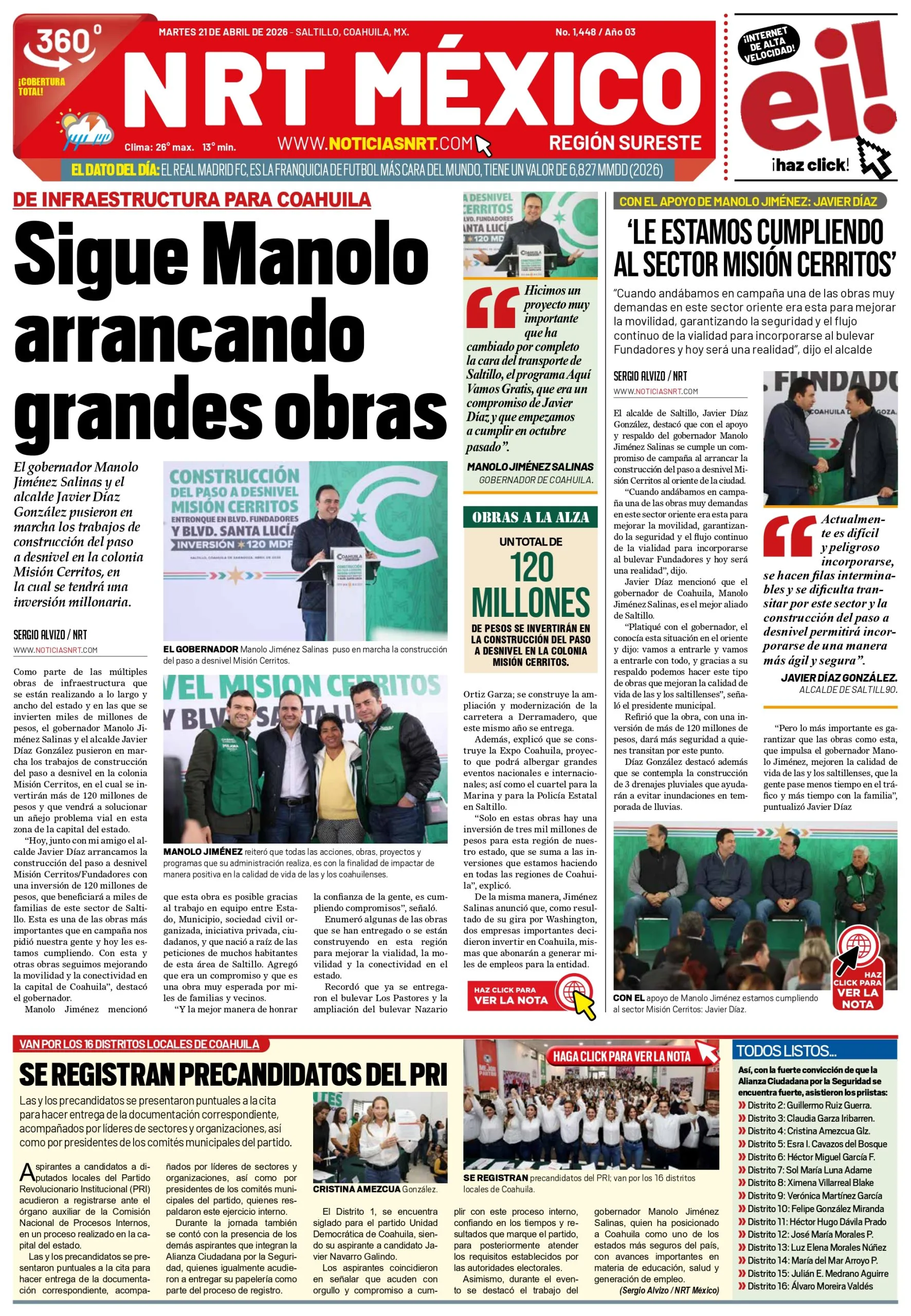 Portada de NRT México Región Sureste del martes 21 de abril de 2026. Portada de NRT México Región Sureste del martes 21 de abril de 2026.