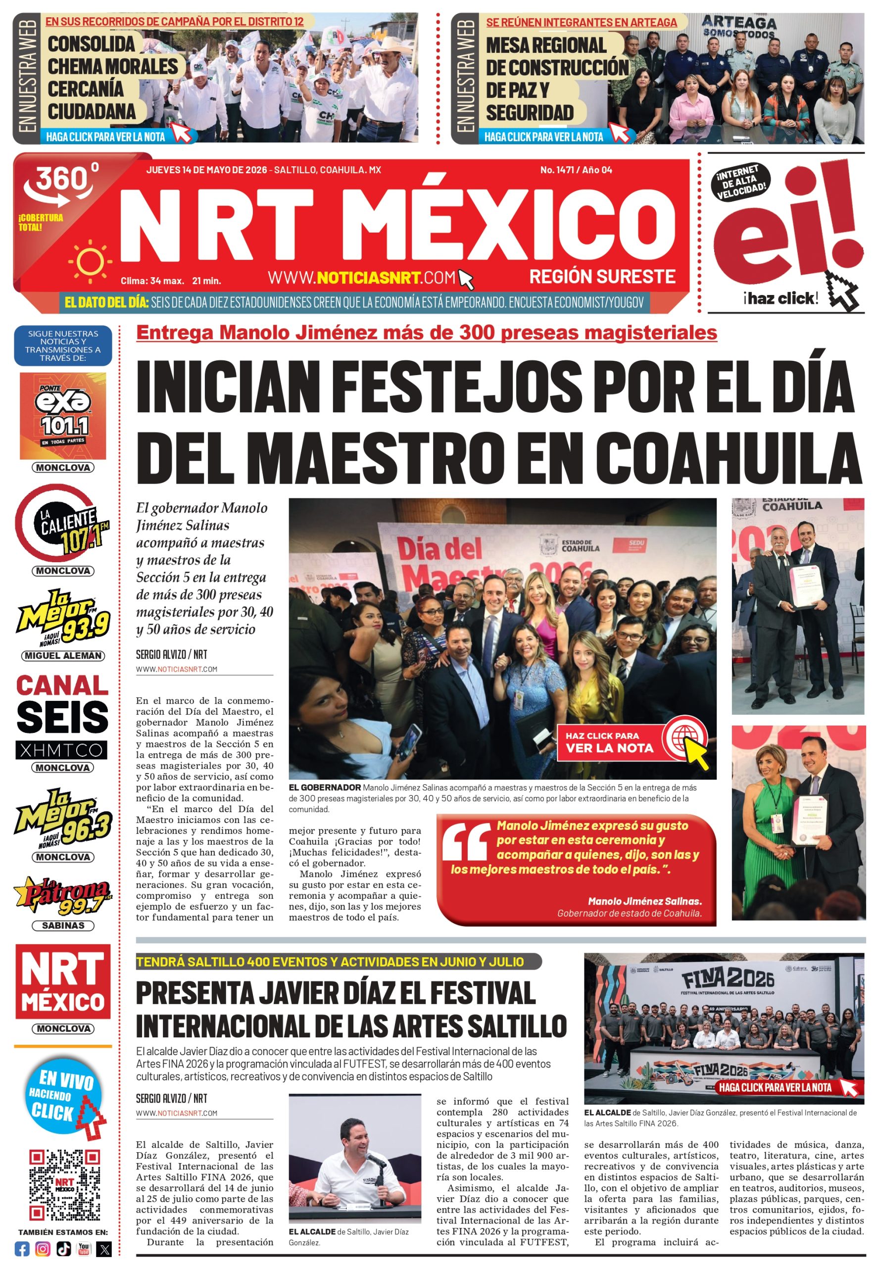 Portadas de NRT México Región Sureste del 14 de mayo de 2026.