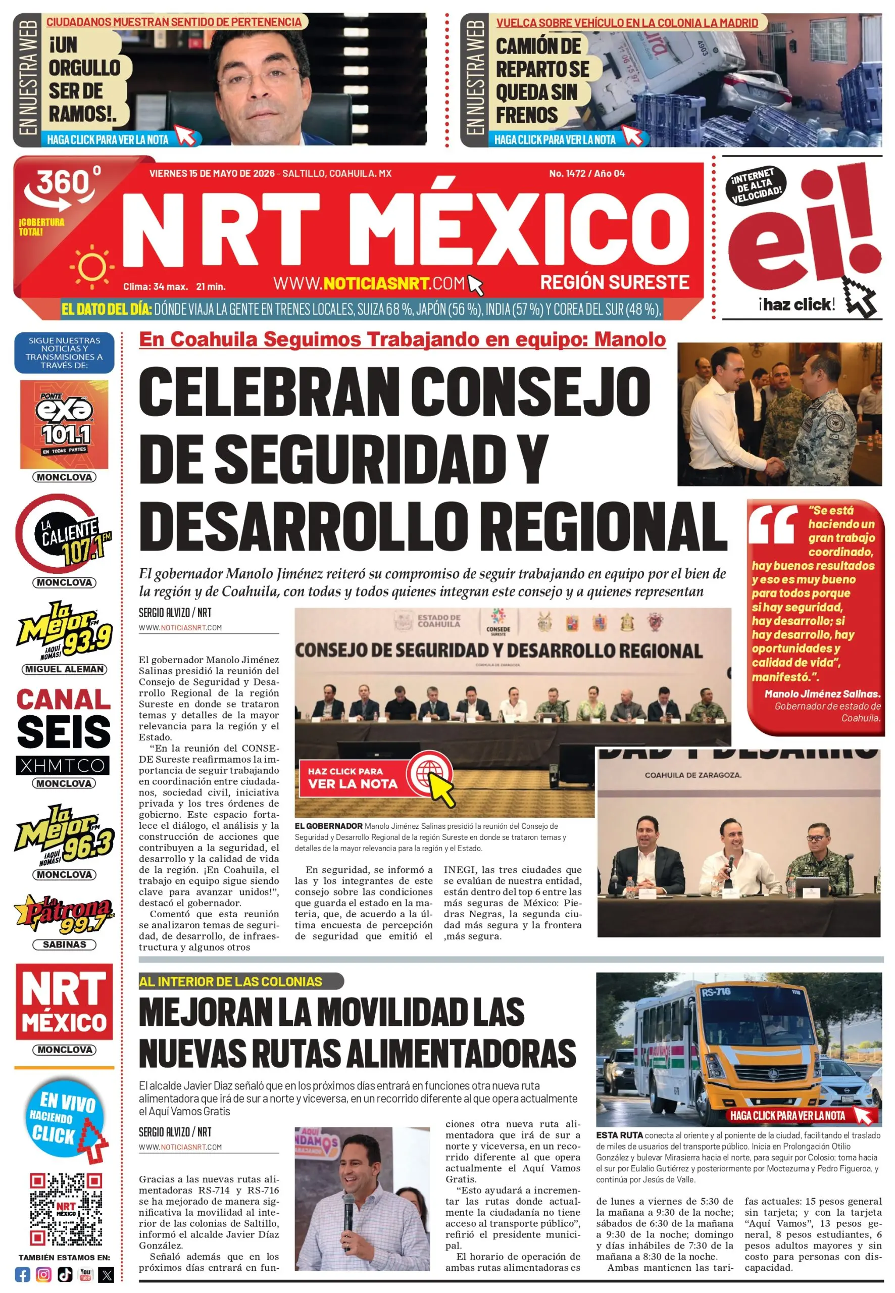 Portada Saltillo NRT México del 15 de mayo de 2026.
