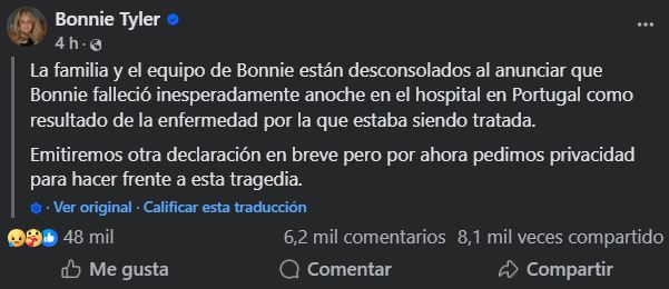 Anuncian muerte de Bonnie Tyler