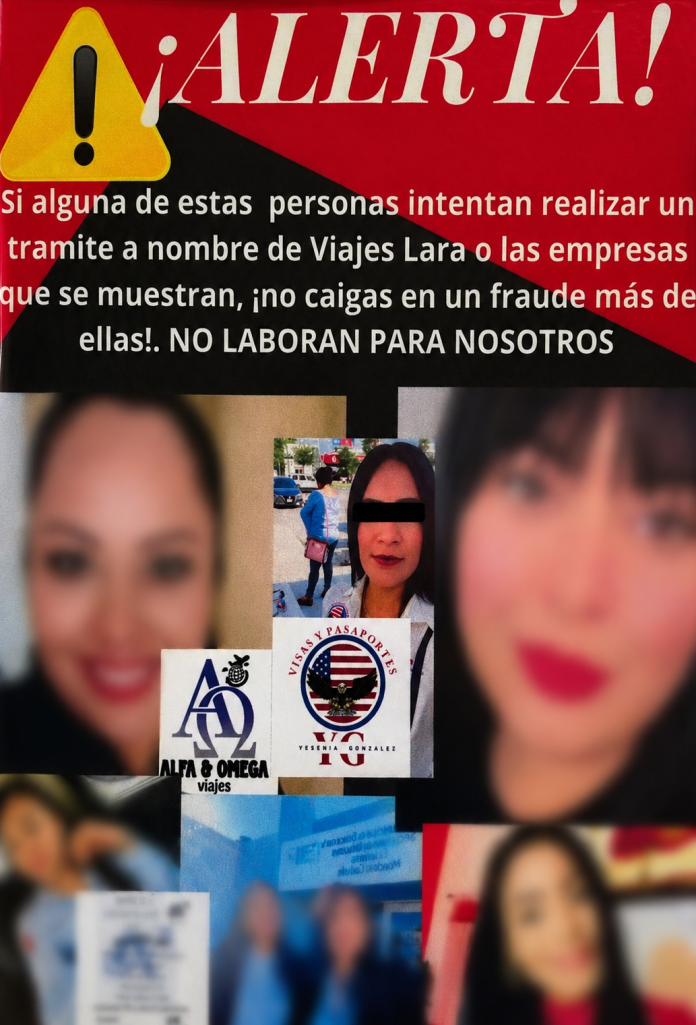 El despacho tiene un flayer en el que aparecen varias ex trabajadoras que se hacen o hacían pasar por empleadas en activo de la agencia para estafar clientes. La que tiene la cinta negra en los ojos es Alejandra.