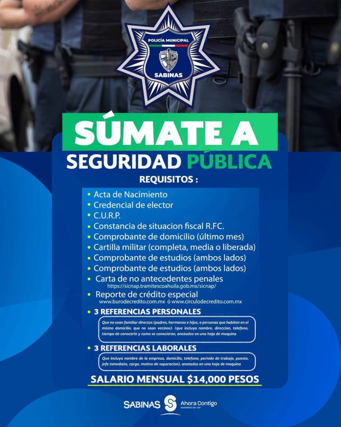 Sabinas busca nuevos elementos para Seguridad Pública