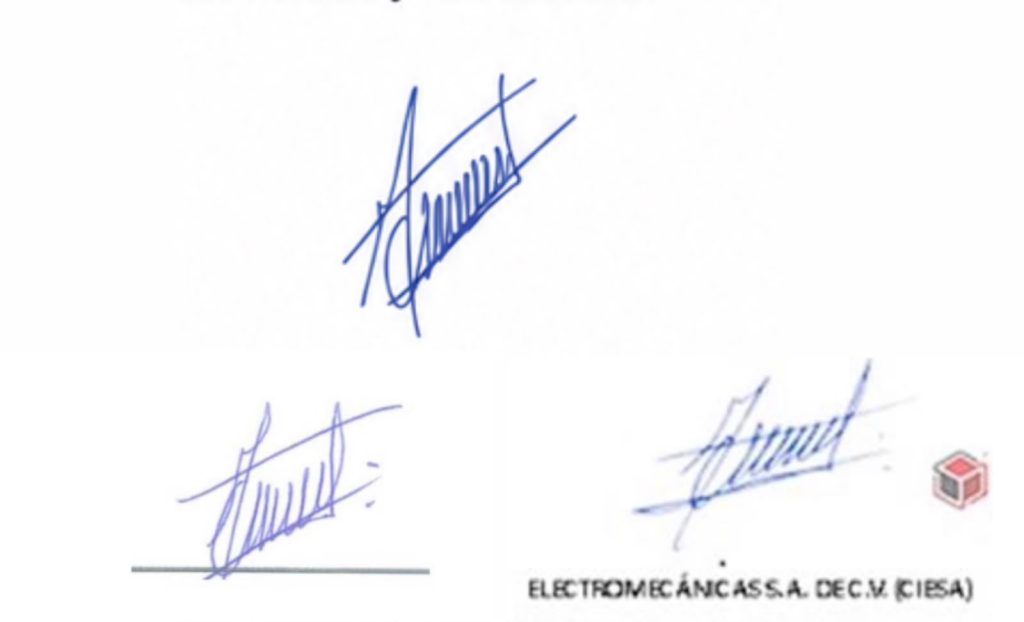 Cotejo de firmas de José Arturo Dominguez, la primera es del comunicado; las otras dos, de documentos firmados por el empresario. Se aprecian claras diferencias.