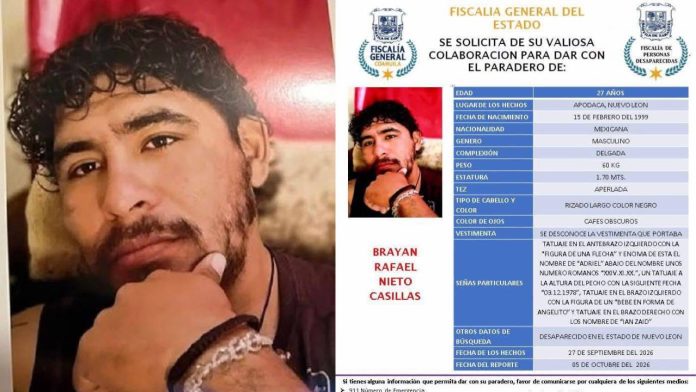 Solicitan apoyo ciudadano para localizar a Brayan Rafael Nieto Casillas