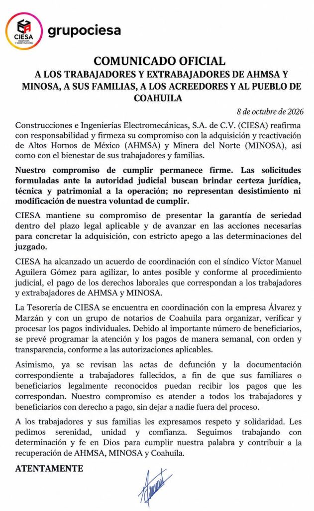 Comunicado compartido en redes sociales.